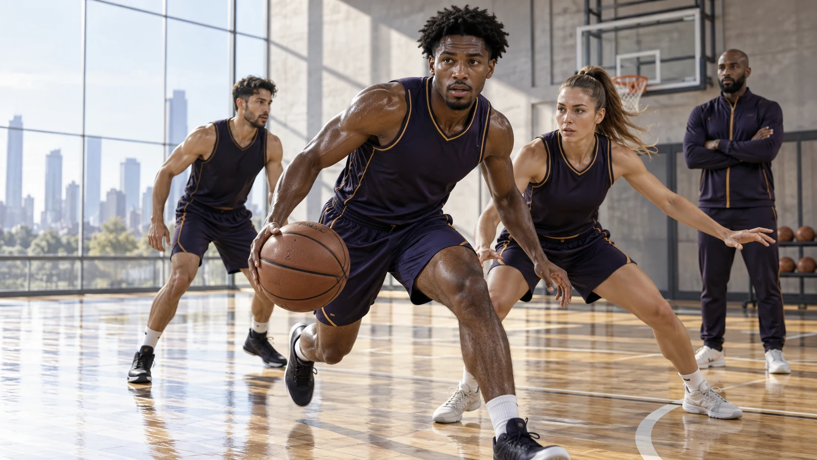 Basketball players in coordinated Prolance Sports teamwear editorial concept