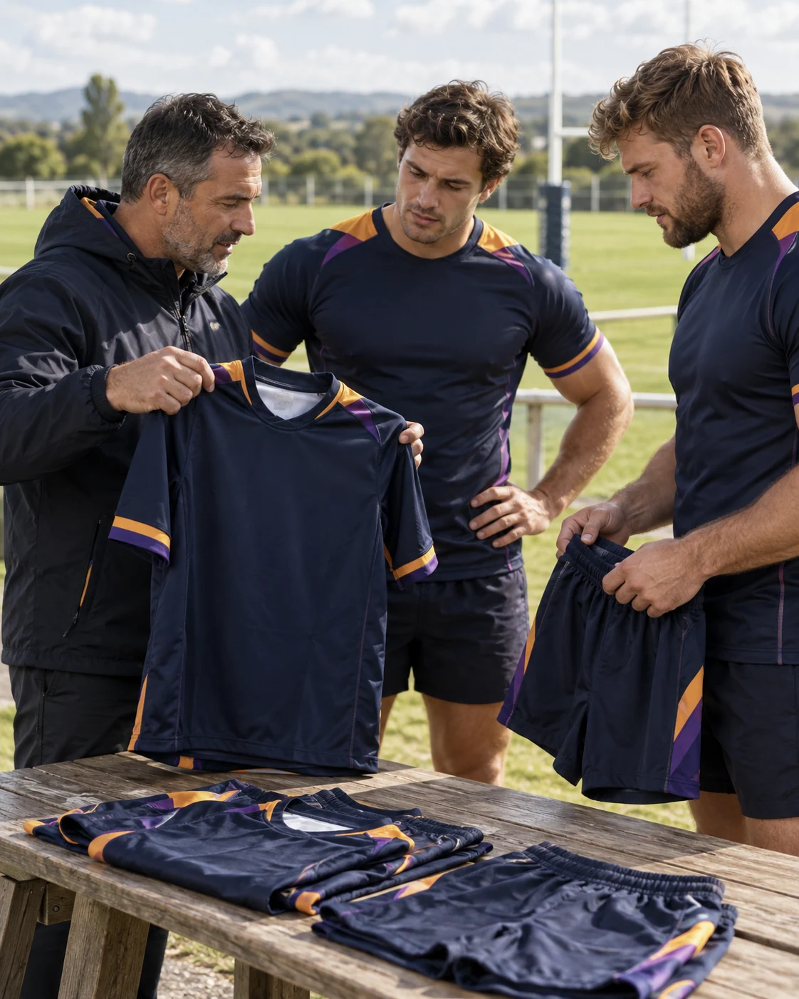 Rugby team and coach reviewing apparel ahead of a club order