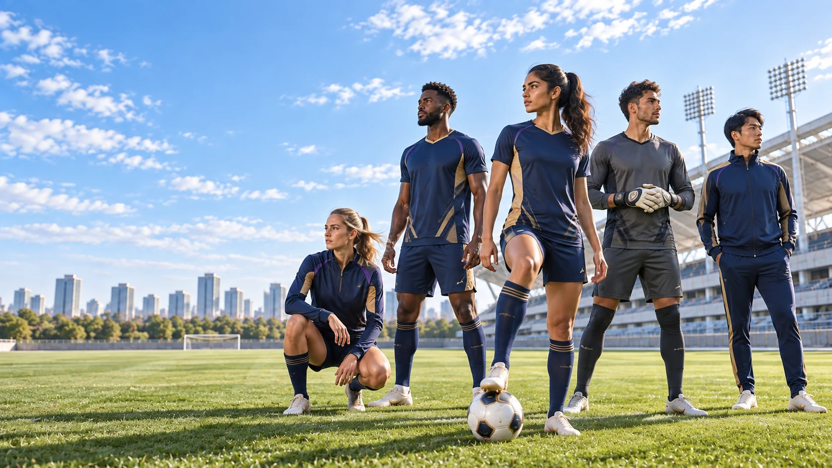 Soccer players in coordinated navy match, training and travel garments at a stadium