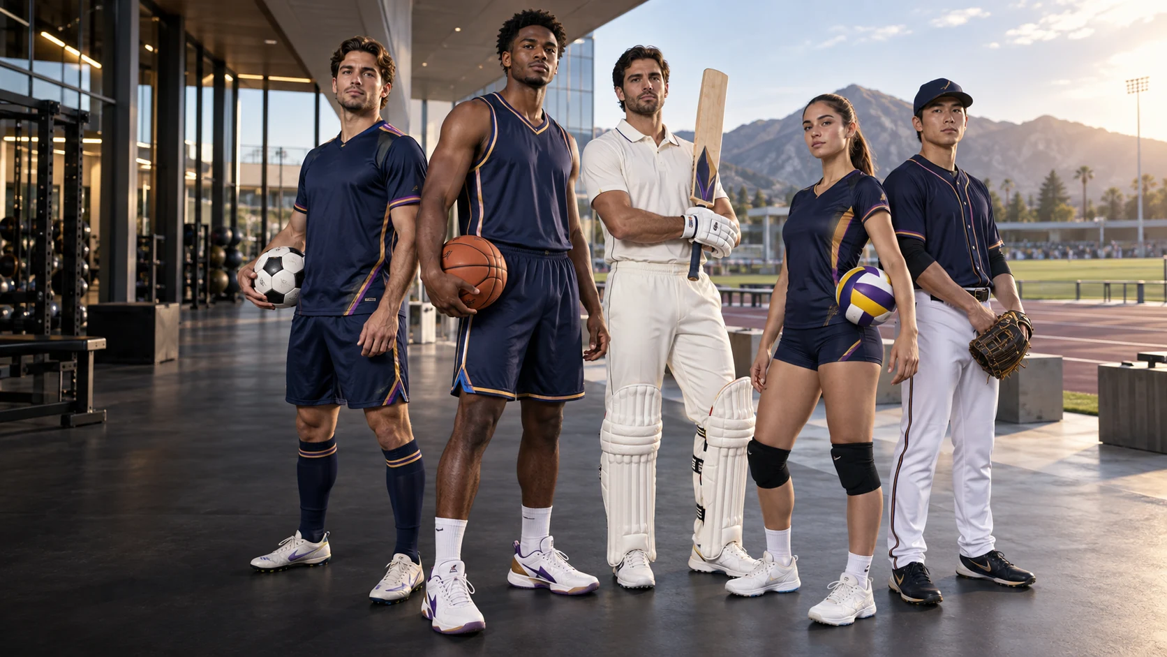 Soccer, basketball, cricket, volleyball and baseball athletes in a coordinated teamwear campaign